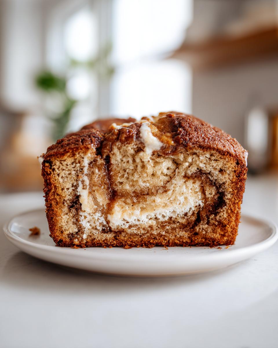 A close-up of a slice of cream cheese banana bread showing the moist interior and cream cheese swirl.