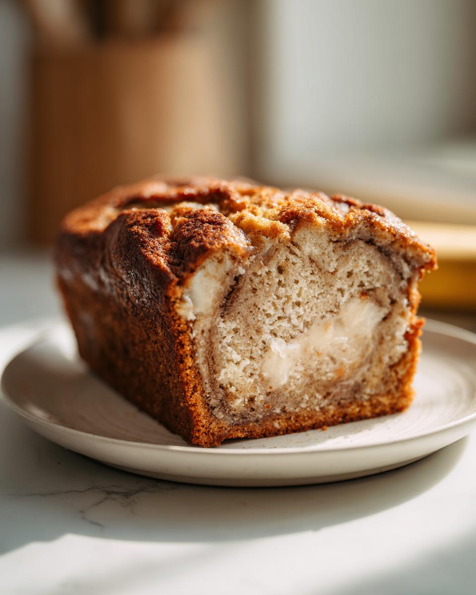 A close-up of a slice of baked cream cheese banana bread showing the swirl of cream cheese filling inside the loaf.
