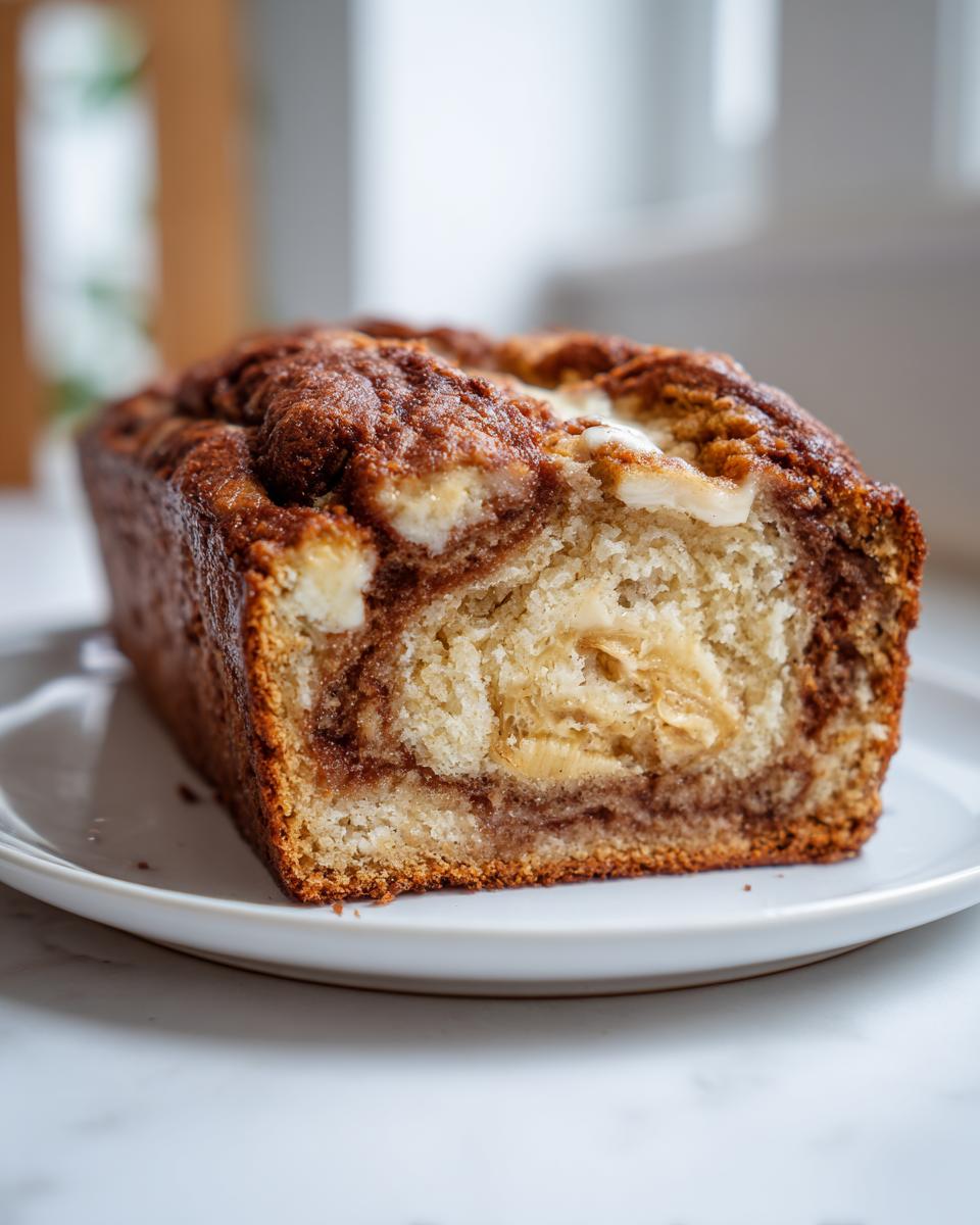 A close-up of a freshly baked cream cheese banana bread loaf showing the swirl of cinnamon and pockets of cream cheese.