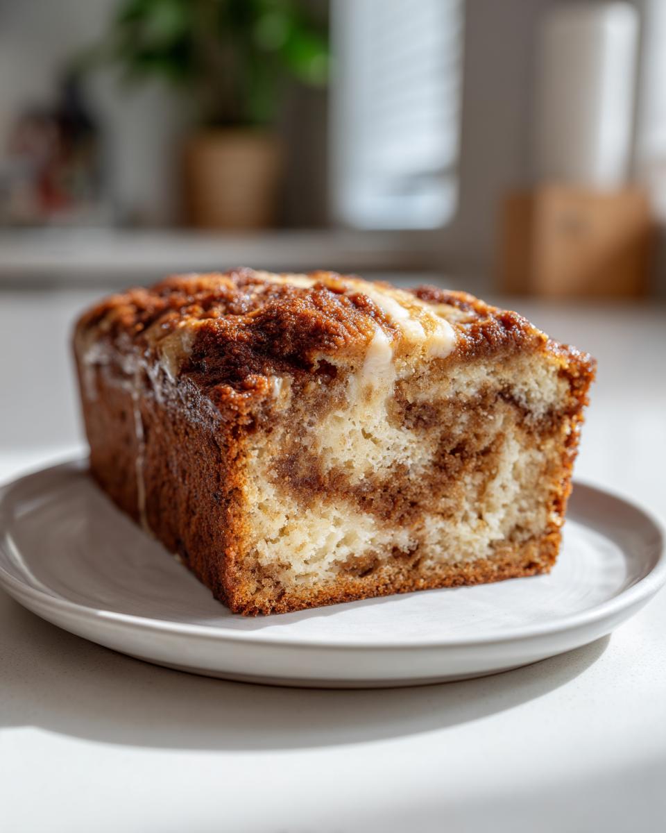 A close-up of a slice of moist cream cheese banana bread featuring a visible cinnamon swirl and light glaze.