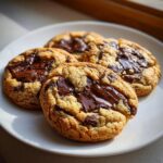 Four soft, thick cream cheese chocolate chip cookies with melted chocolate pools on a white plate.