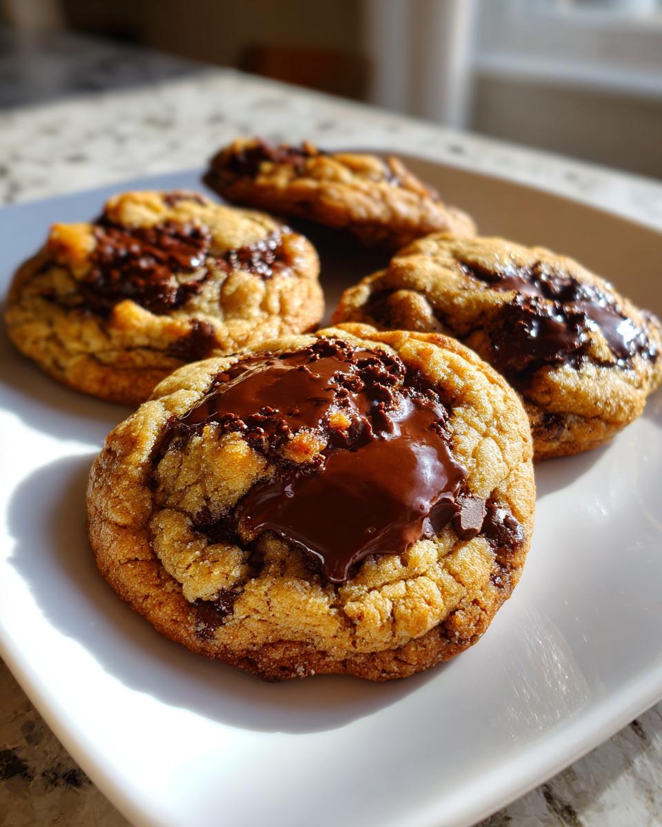 Close-up of several soft cream cheese chocolate chip cookies with pools of melted dark chocolate on top, served on a white plate.