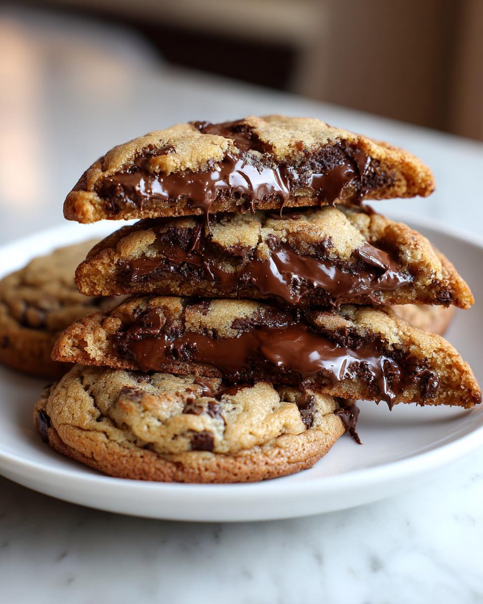 Stack of four halves of cream cheese chocolate chip cookies showing gooey, melted chocolate centers.