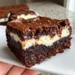 Close-up of a rich, fudgy gingerbread brownies slice with a thick layer of cream cheese filling.