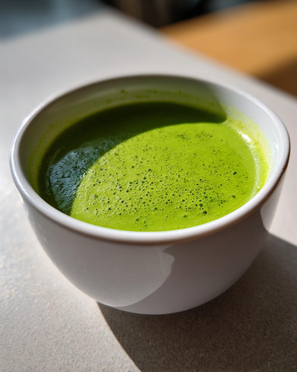 Close-up of vibrant green, creamy asparagus soup with foam in a white bowl, brightly lit.