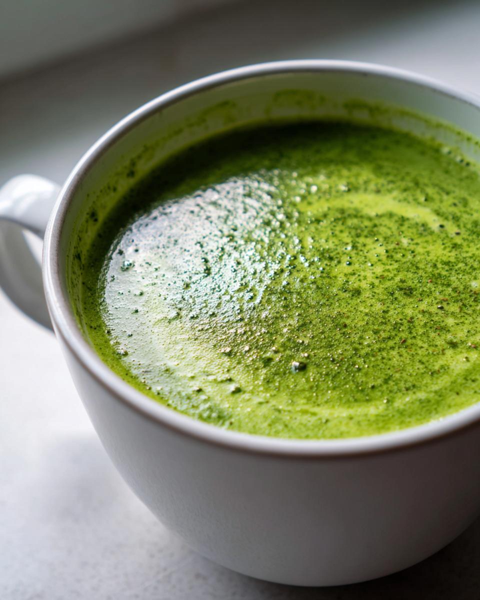 Close-up of creamy, bright green asparagus soup with a frothy top served in a white mug.