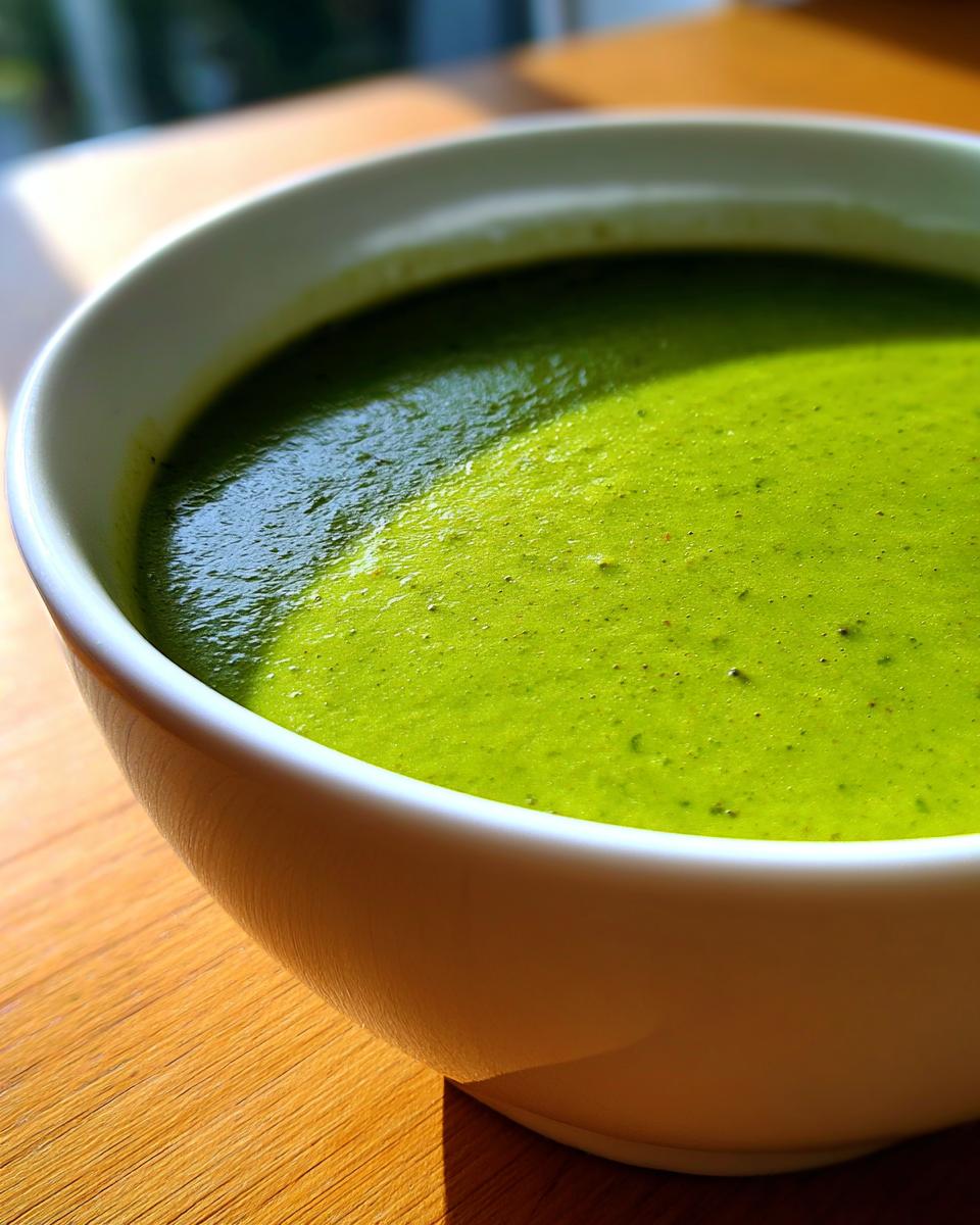 Close-up of vibrant green, creamy asparagus soup served in a white bowl on a wooden surface.