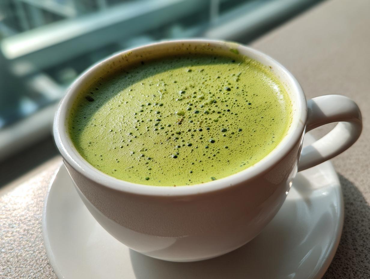 Close-up of a vibrant green, frothy liquid, resembling creamy asparagus soup, served in a white cup on a saucer.