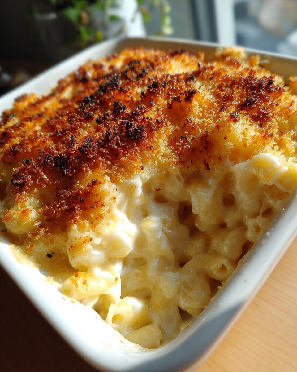 Close-up of creamy baked mac and cheese in a white dish with a golden, crunchy breadcrumb topping.