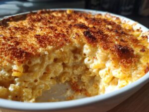 A close-up view of creamy baked mac and cheese in a white dish, featuring a deeply browned, crunchy breadcrumb topping.