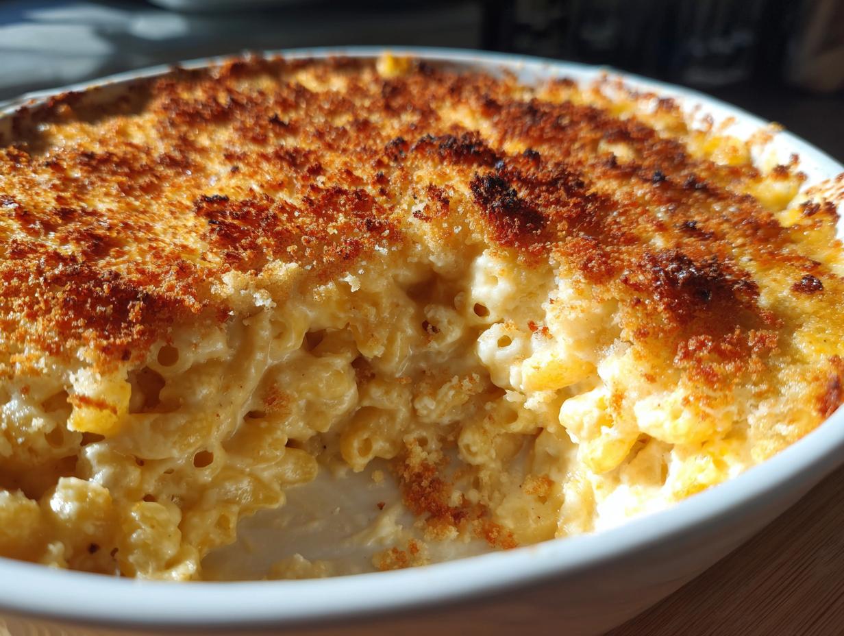 A close-up view of creamy baked mac and cheese in a white dish, featuring a deeply browned, crunchy breadcrumb topping.