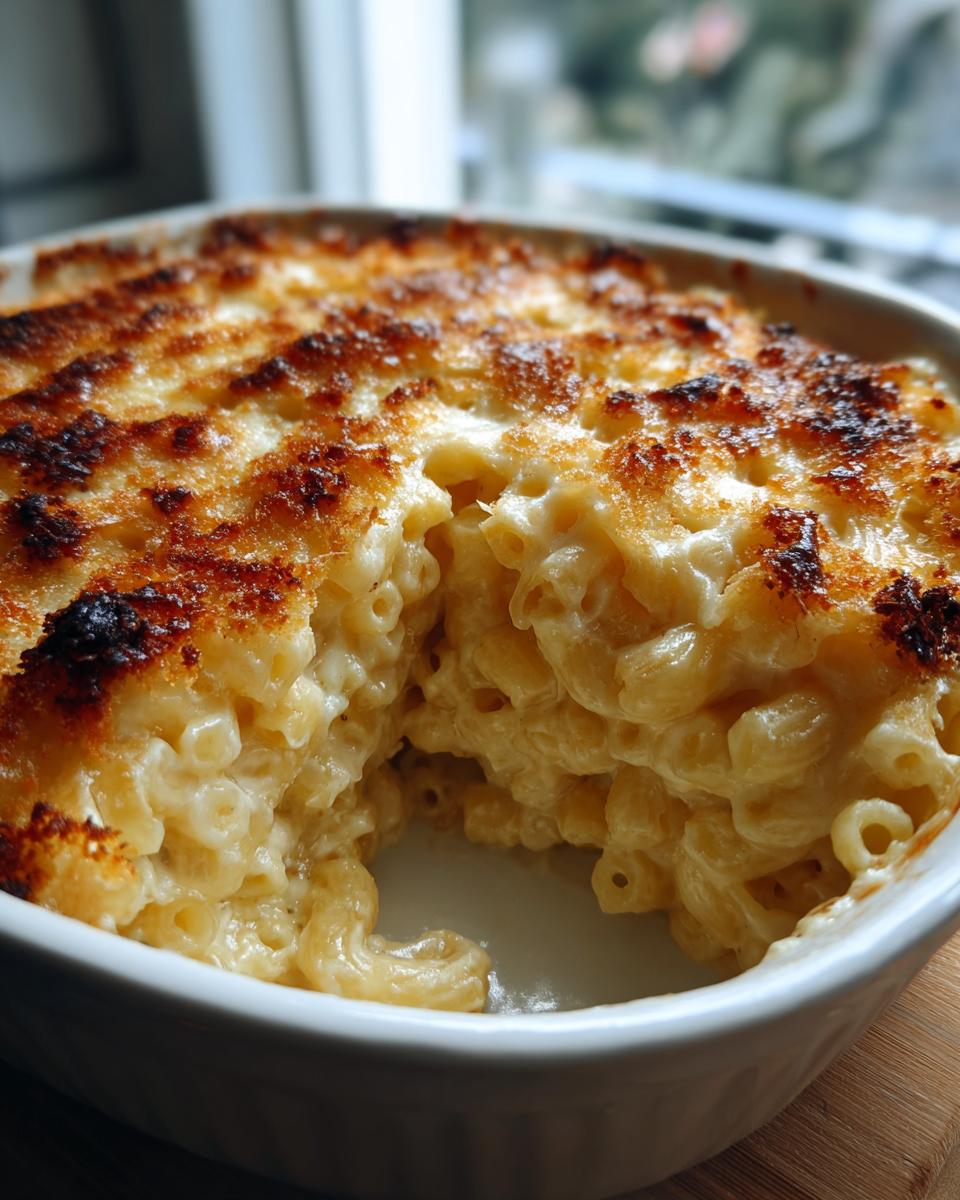Close-up of creamy baked mac and cheese in a white dish with a deeply browned, crispy cheese topping.