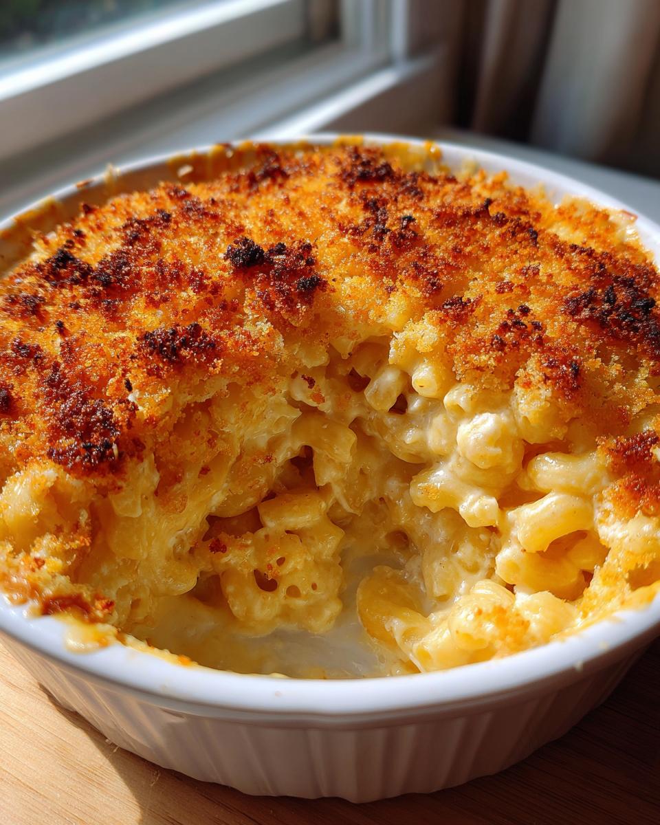 A close-up view of creamy baked mac and cheese in a white ramekin, showing a golden, crunchy breadcrumb topping.