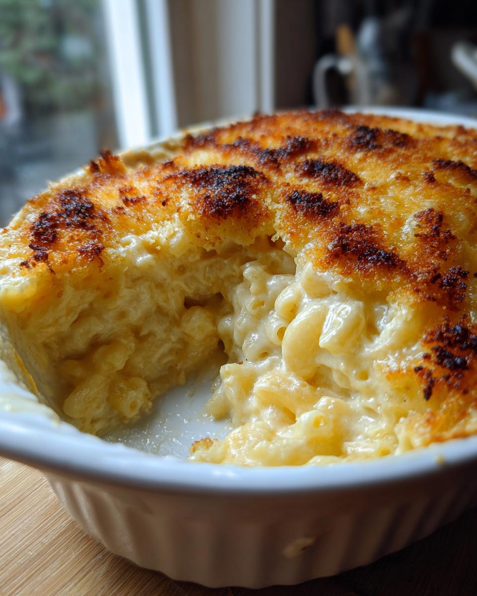 Close-up of creamy baked mac and cheese in a white dish with a deeply browned, crispy topping.