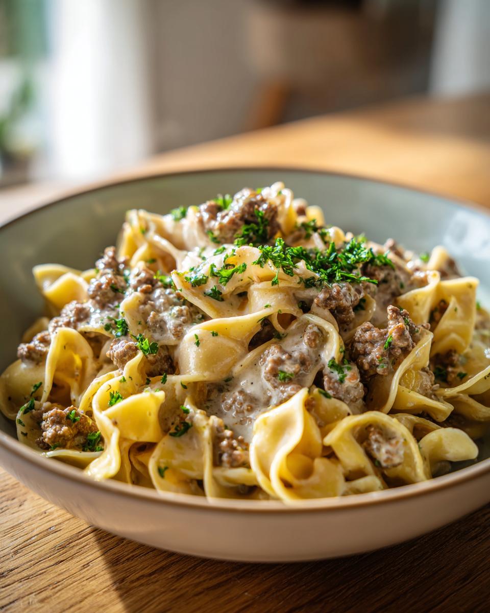 Close-up of a bowl of creamy beef pasta featuring wide, ribbon-like noodles mixed with ground beef sauce and parsley.