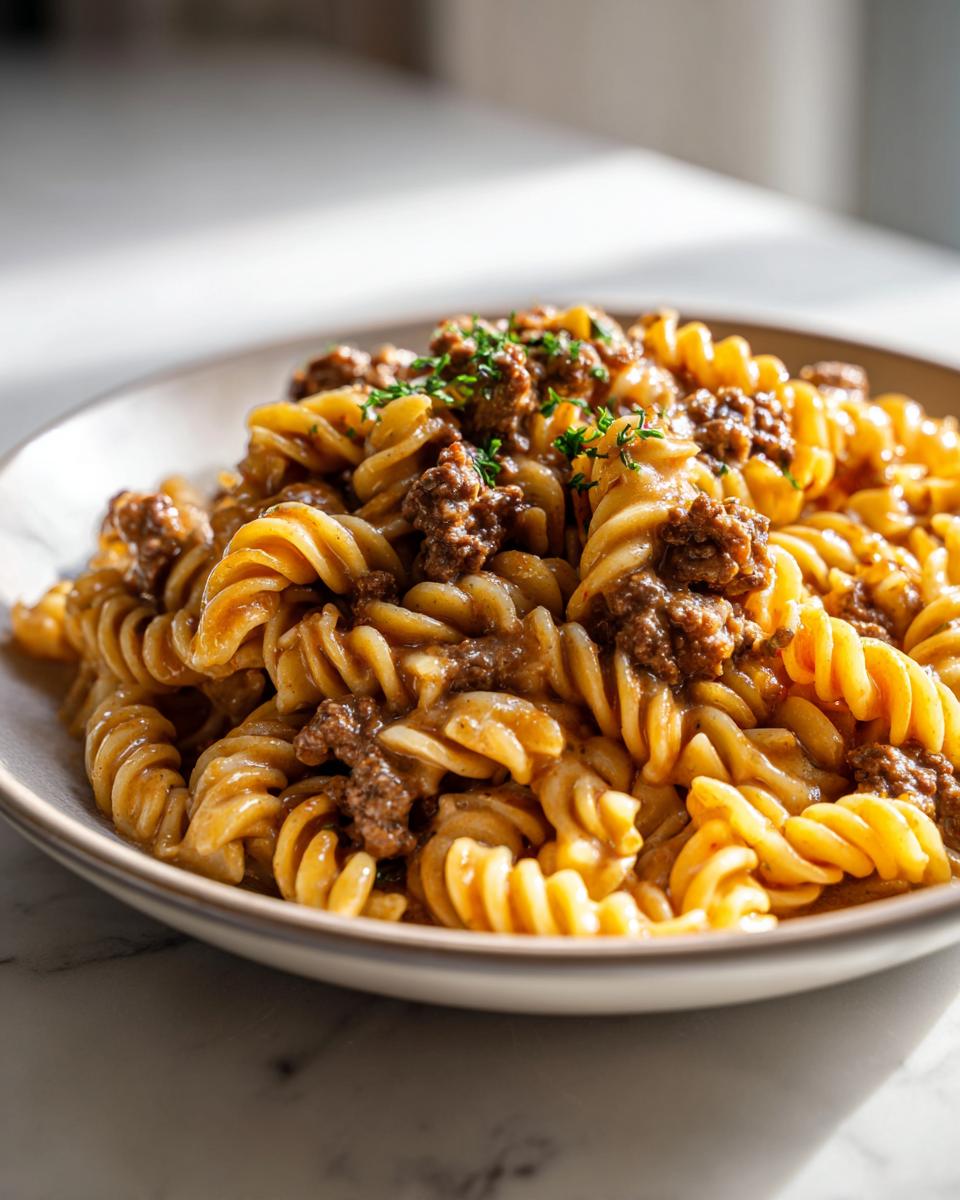 A close-up shot of creamy beef pasta made with fusilli noodles, topped with ground beef sauce and fresh herbs.