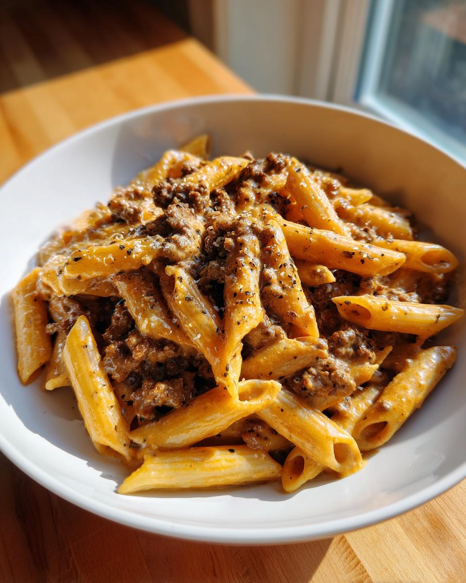 A close-up of penne pasta coated in a rich, creamy sauce with ground beef, seasoned with black pepper, making up the creamy beef pasta.