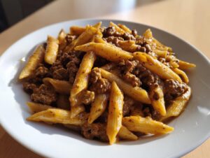 Close-up of a white bowl filled with creamy beef pasta made with penne noodles and rich ground beef sauce.