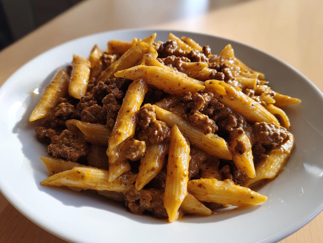 Close-up of a white bowl filled with creamy beef pasta made with penne noodles and rich ground beef sauce.