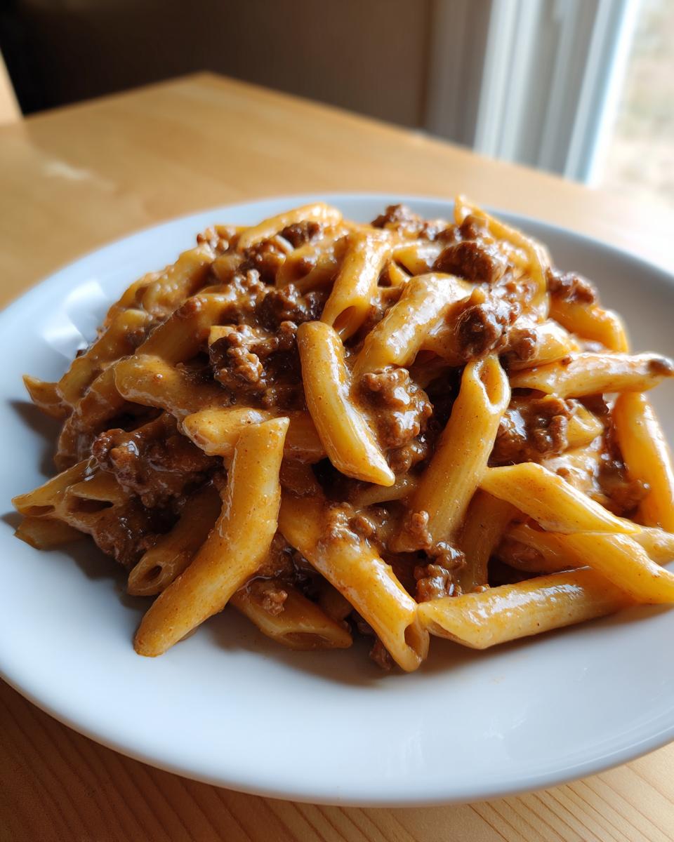 A close-up of a white plate piled high with creamy beef pasta made with penne noodles and rich meat sauce.
