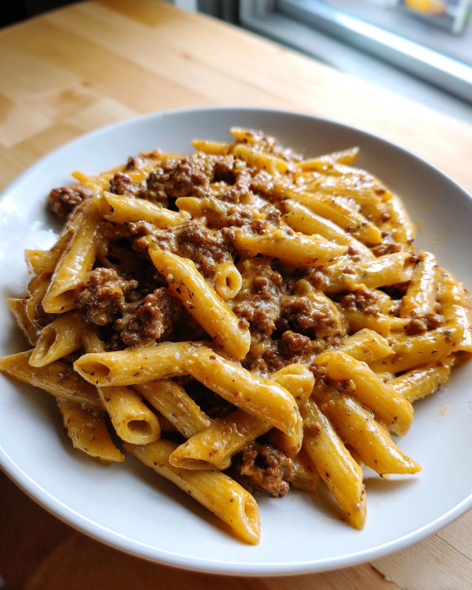 A close-up shot of a serving of creamy beef pasta made with penne noodles, coated in a rich, savory sauce.