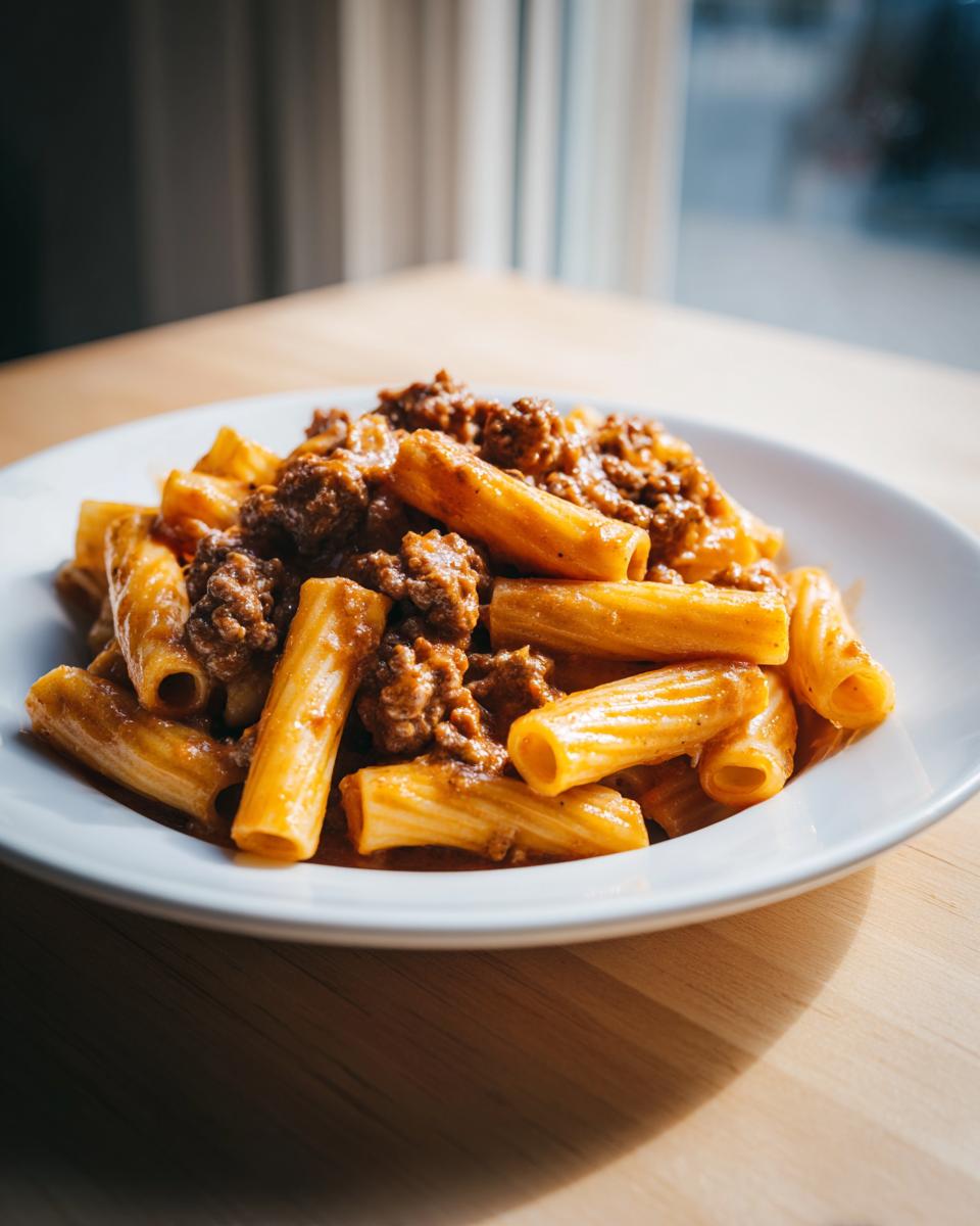 A close-up of a white bowl filled with creamy beef pasta made with rigatoni noodles and rich meat sauce.