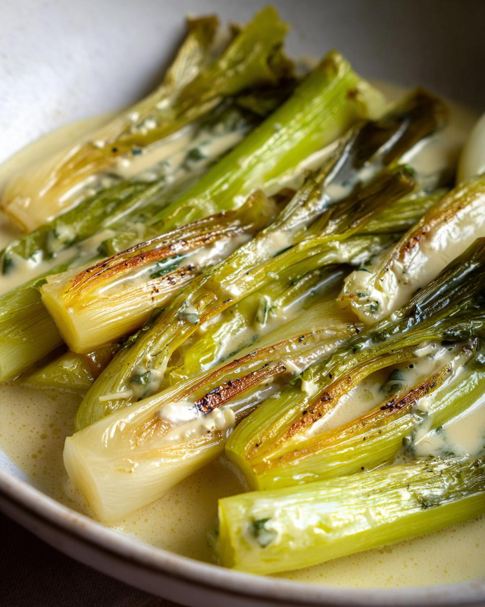 Close-up of tender braised leeks served in a creamy, pale yellow sauce with visible herbs.