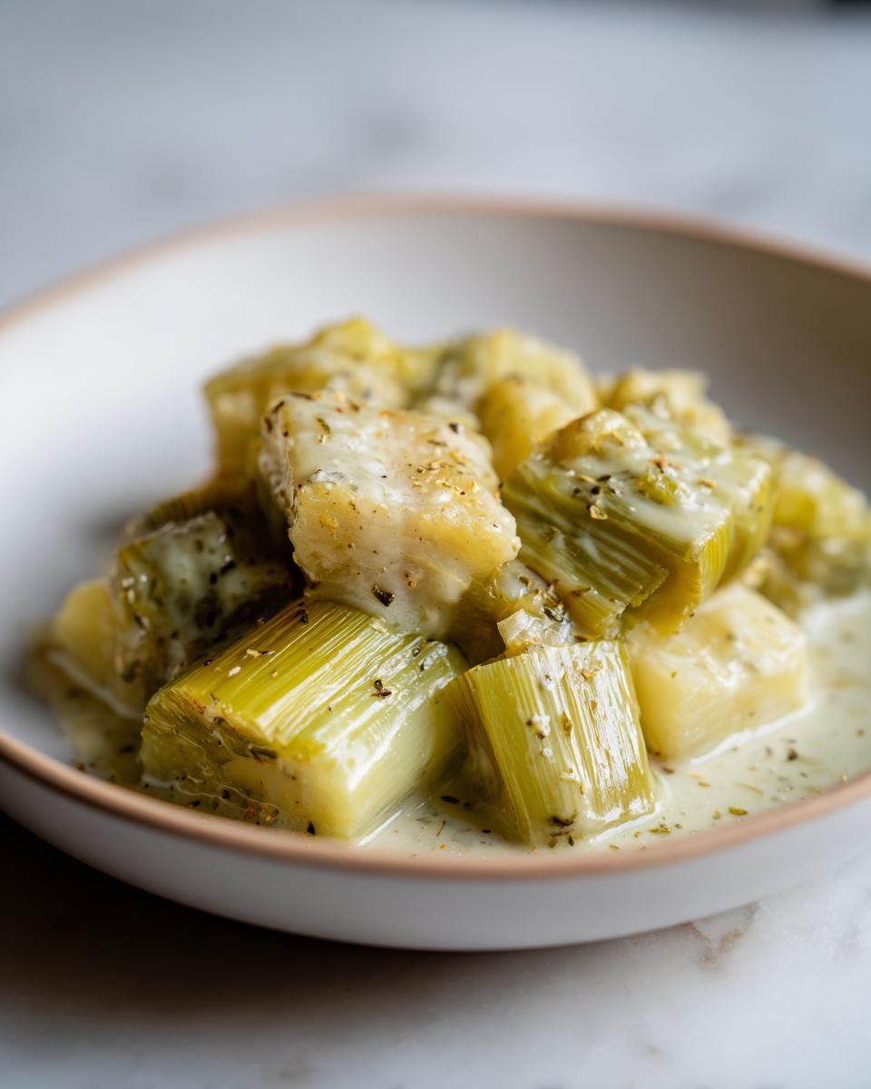 Close-up of tender, bright green braised leeks served in a creamy white sauce and topped with herbs.
