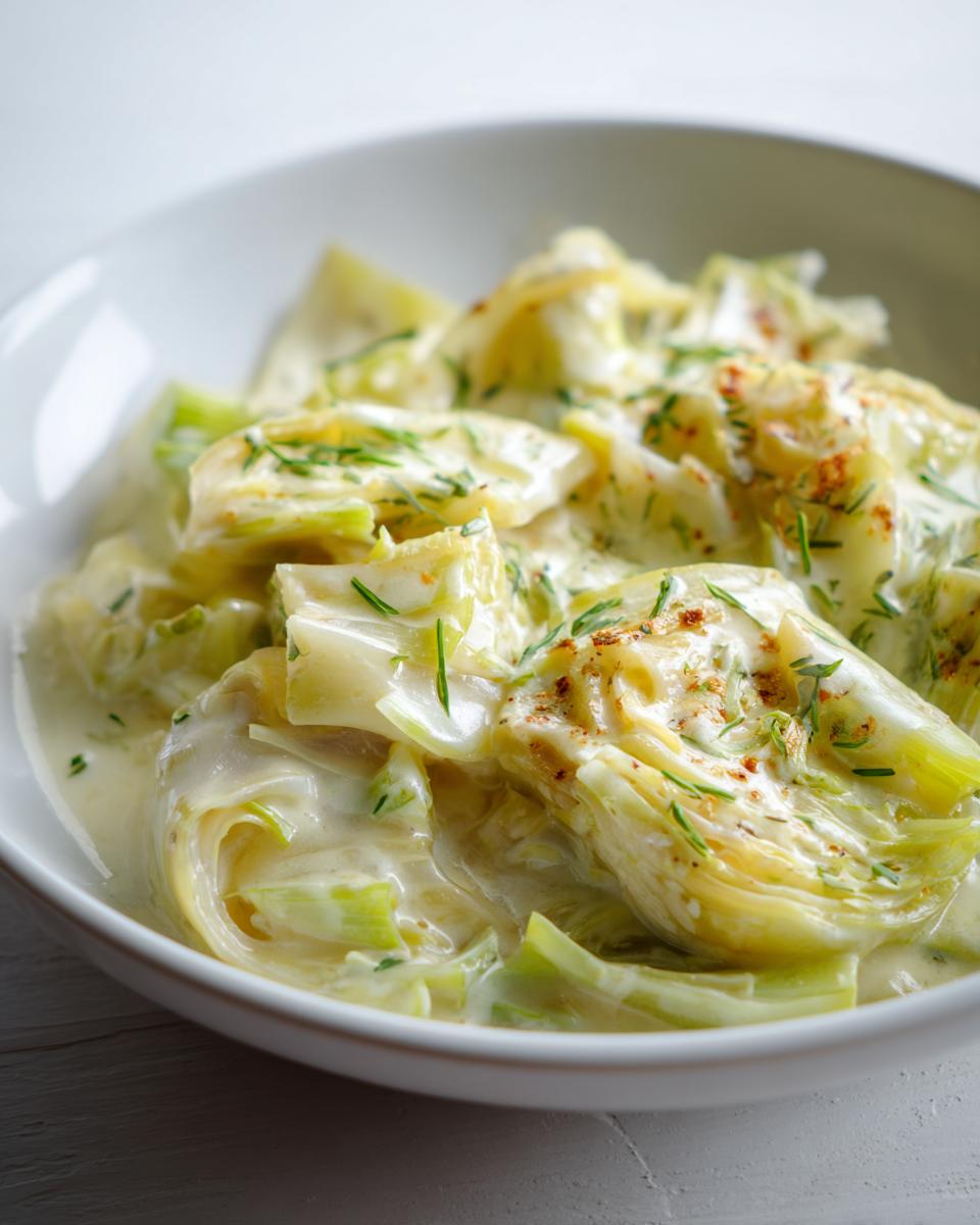 Close-up of tender braised leeks served in a creamy white sauce and garnished with herbs.