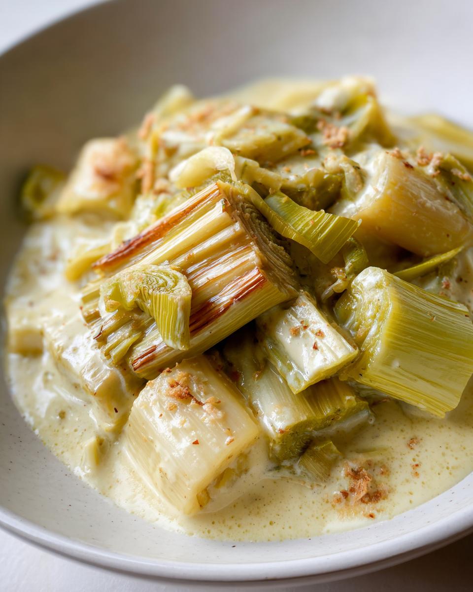 Close-up of tender braised leeks served in a rich, creamy sauce, sprinkled with breadcrumbs.