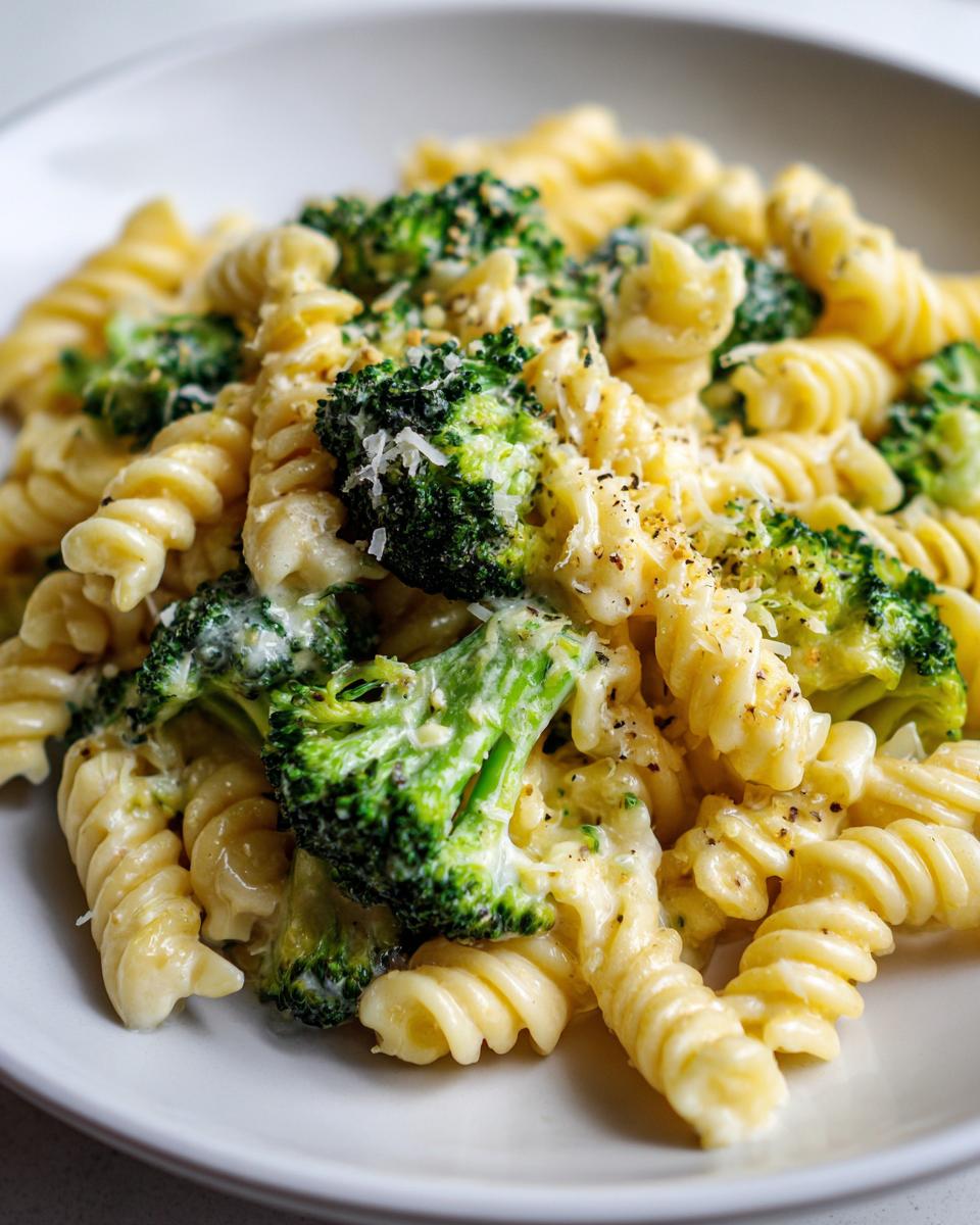 Close-up of creamy broccoli pasta made with fusilli noodles, topped with grated cheese and black pepper.
