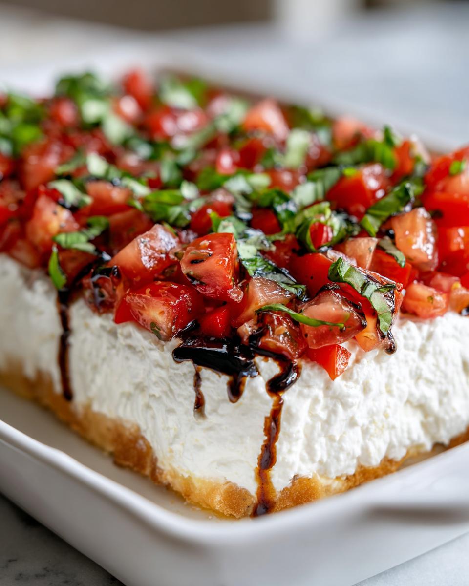Close-up of creamy bruschetta dip topped with fresh diced tomatoes, basil, and balsamic glaze in a white serving dish.