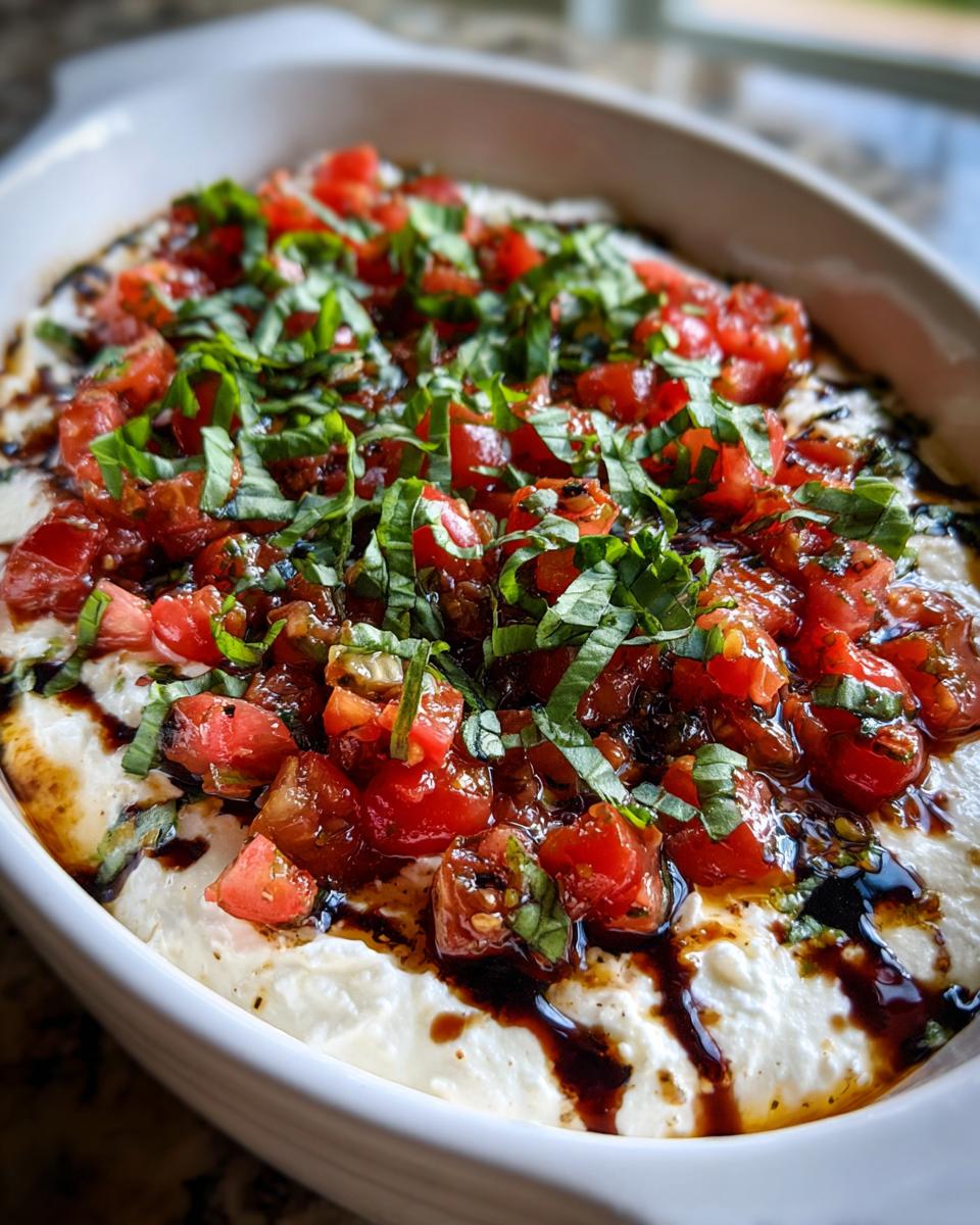 Close-up of a creamy bruschetta dip topped with diced tomatoes, fresh basil, and a balsamic glaze drizzle.