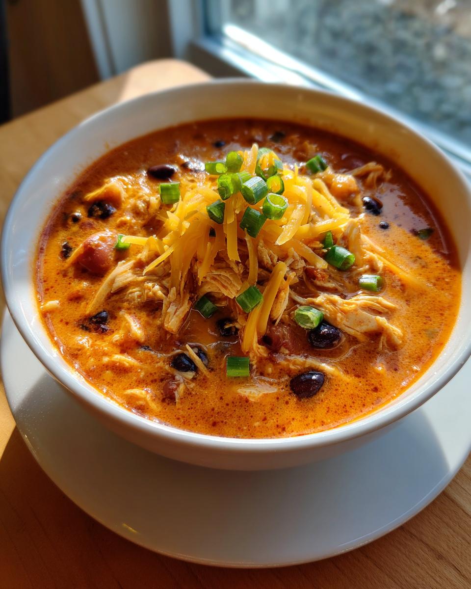 A close-up of a white bowl filled with creamy buffalo chicken chili, topped with shredded cheddar cheese and green onions.