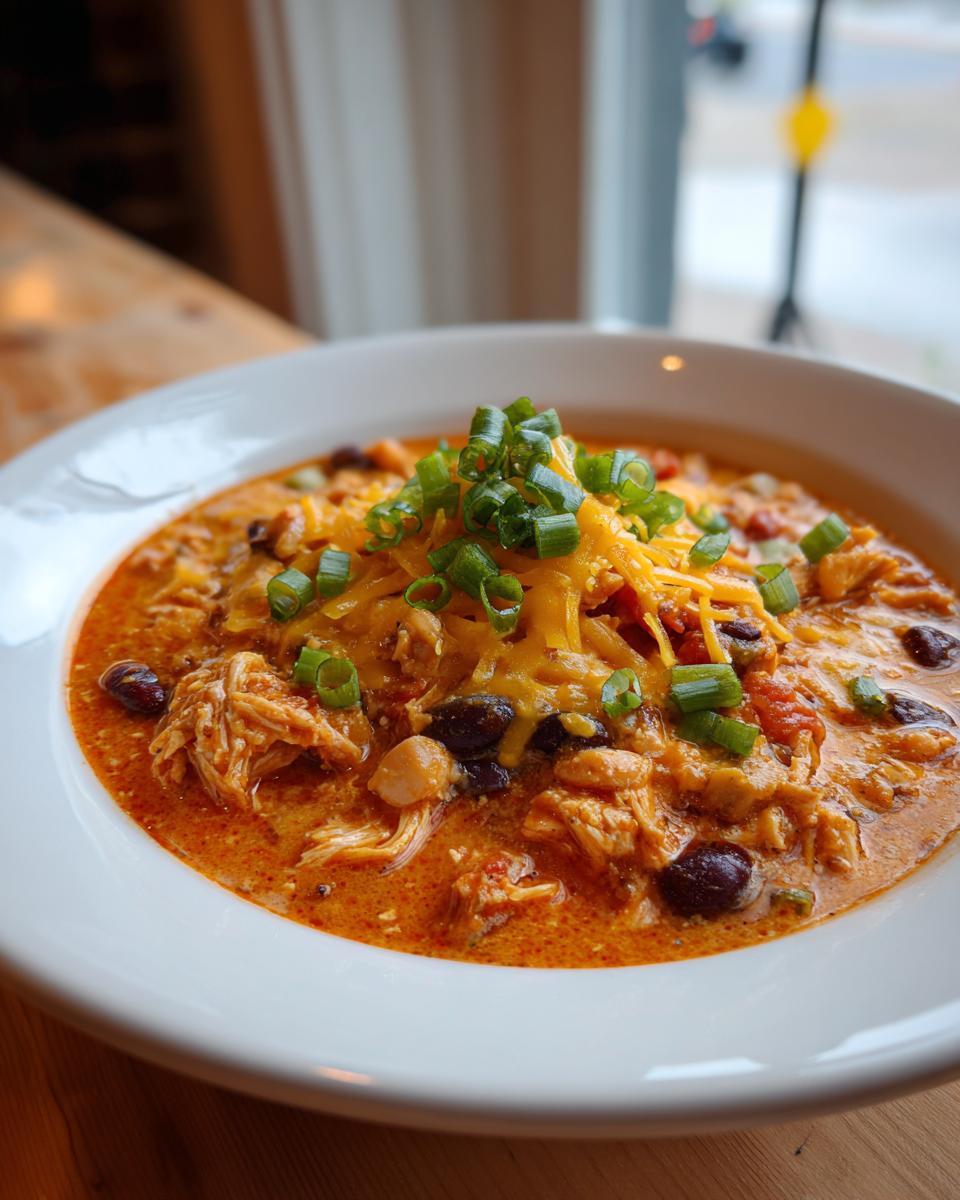 A close-up of a bowl of creamy buffalo chicken chili topped with shredded cheddar cheese and fresh green onions.