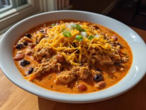 A rich bowl of creamy buffalo chicken chili featuring shredded chicken, beans, topped with melted cheddar and green onions.