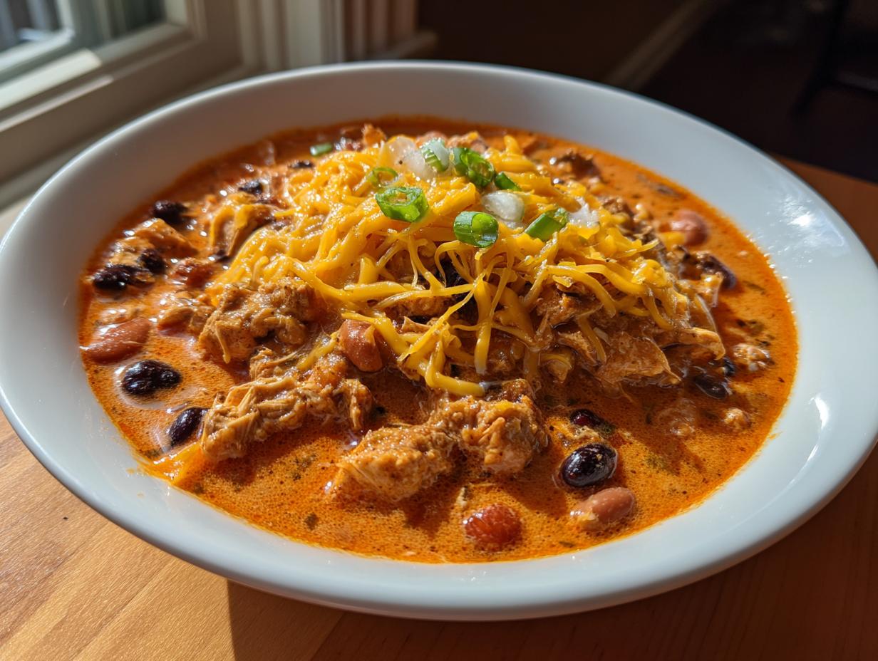A rich bowl of creamy buffalo chicken chili featuring shredded chicken, beans, topped with melted cheddar and green onions.