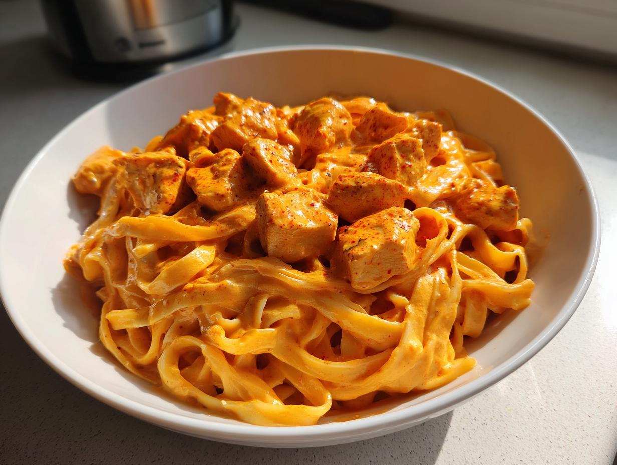 A close-up of creamy cajun chicken pasta featuring fettuccine noodles and seasoned chicken chunks in a rich orange sauce.