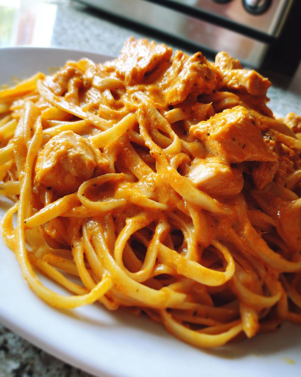 Close-up of creamy, orange-sauced cajun chicken pasta featuring fettuccine noodles and diced chicken pieces.