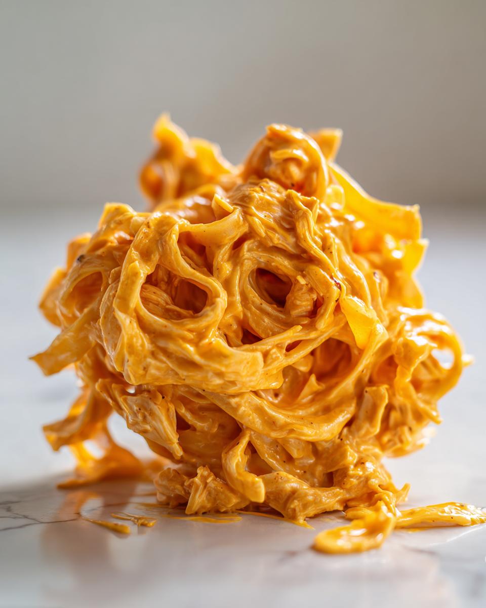 A close-up, artistic mound of creamy, orange-hued cajun chicken pasta noodles on a white marble surface.