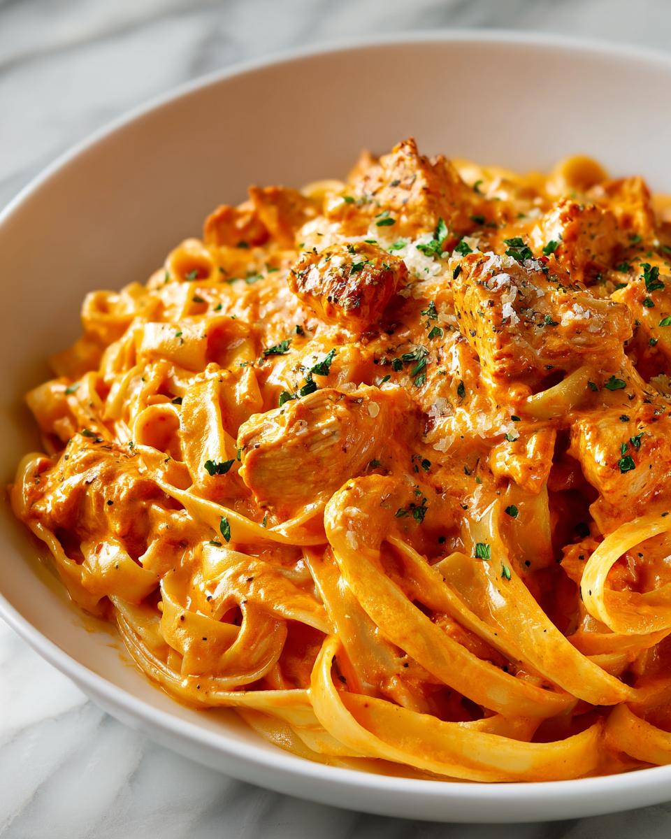 Close-up of creamy, orange-sauced cajun chicken pasta with fettuccine noodles, topped with herbs and cheese.