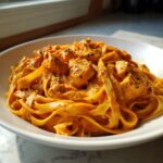 Close-up of creamy cajun chicken pasta with fettuccine noodles and seasoned chicken pieces in a white bowl.