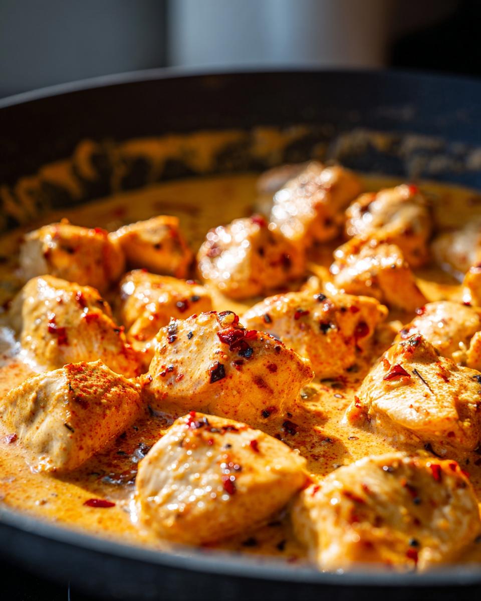Close-up of cubed chicken pieces simmering in a rich, orange cream sauce, seasoned heavily for amazing cajun chicken.