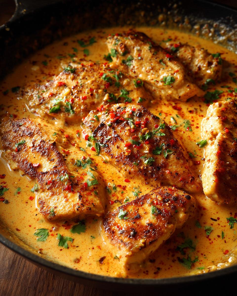Close-up of seared cajun chicken breasts simmering in a rich, creamy orange sauce, garnished with parsley and chili flakes.