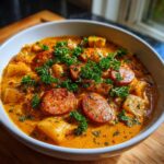 Close-up of a bowl of rich, creamy cajun potato soup topped with sliced smoked sausage and fresh parsley.