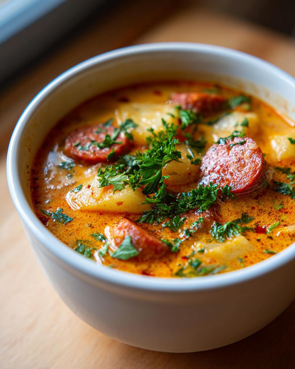 Close-up of a hearty bowl of cajun potato soup featuring chunks of potato, sliced sausage, and fresh parsley garnish.