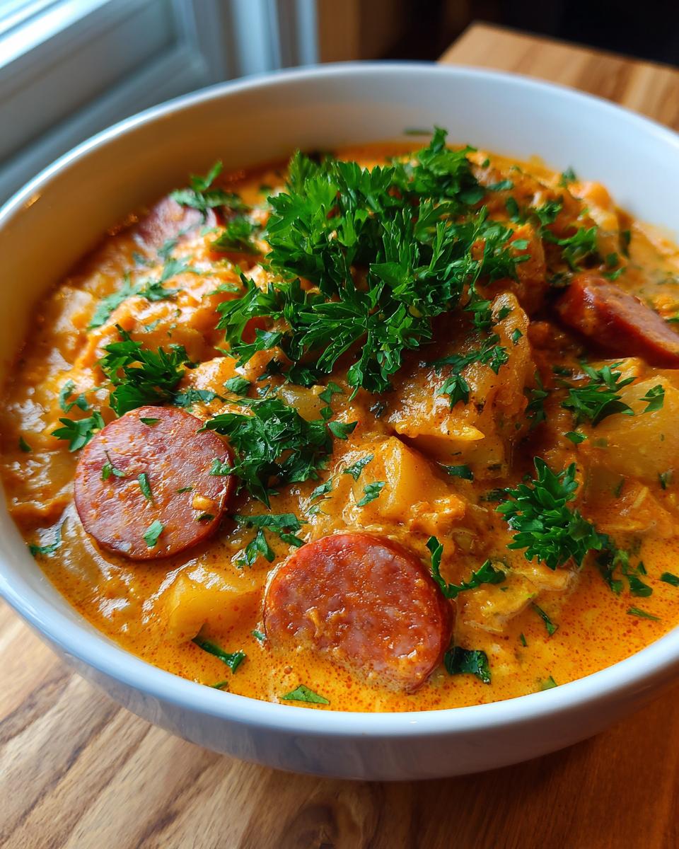Close-up of a bowl of creamy cajun potato soup featuring chunks of potato and slices of sausage, topped with fresh parsley.