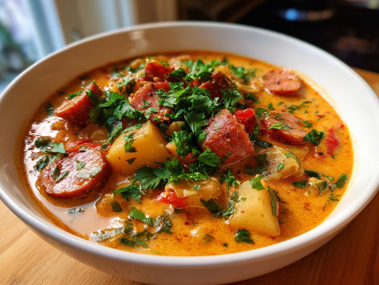Close-up of a creamy, orange-hued bowl of cajun potato soup topped with sliced sausage and fresh parsley.