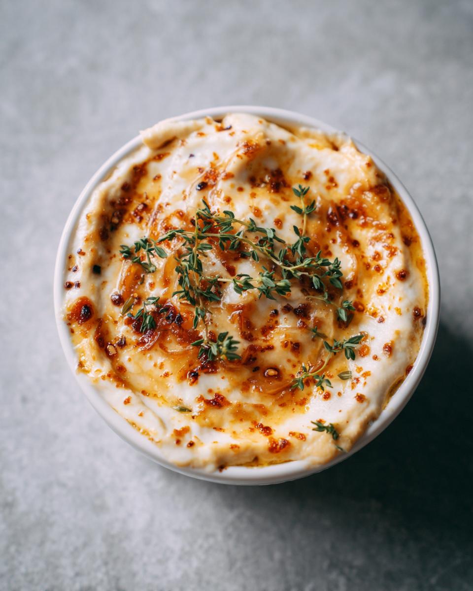 Overhead view of a white bowl filled with creamy caramelized onion dip, topped with caramelized onions and fresh thyme sprigs.