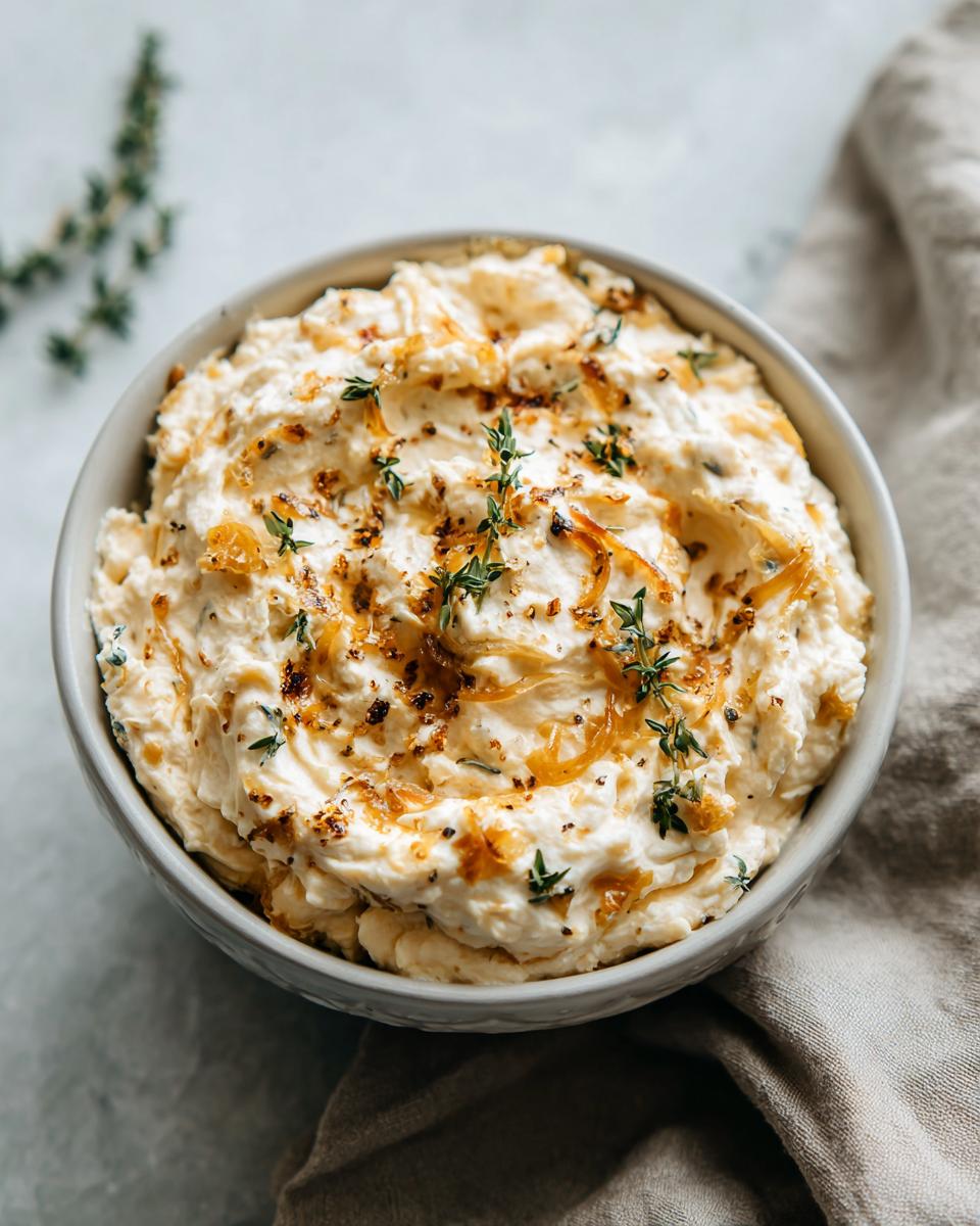 A close-up of creamy caramelized onion dip topped with caramelized onions and fresh thyme sprigs.